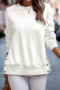 Thumbnail for Snap Detail Round Neck Dropped Shoulder Sweatshirt - T - 10 COLORS -