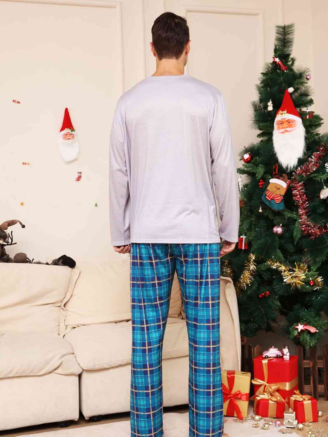 MEN Full Size Rudolph Graphic Long Sleeve Top and Plaid Pants Set - T -