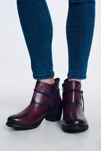 Thumbnail for Q2 - Maroon Blocked Mid Heeled Ankle Boots With Round Toe - 1 COLOR -