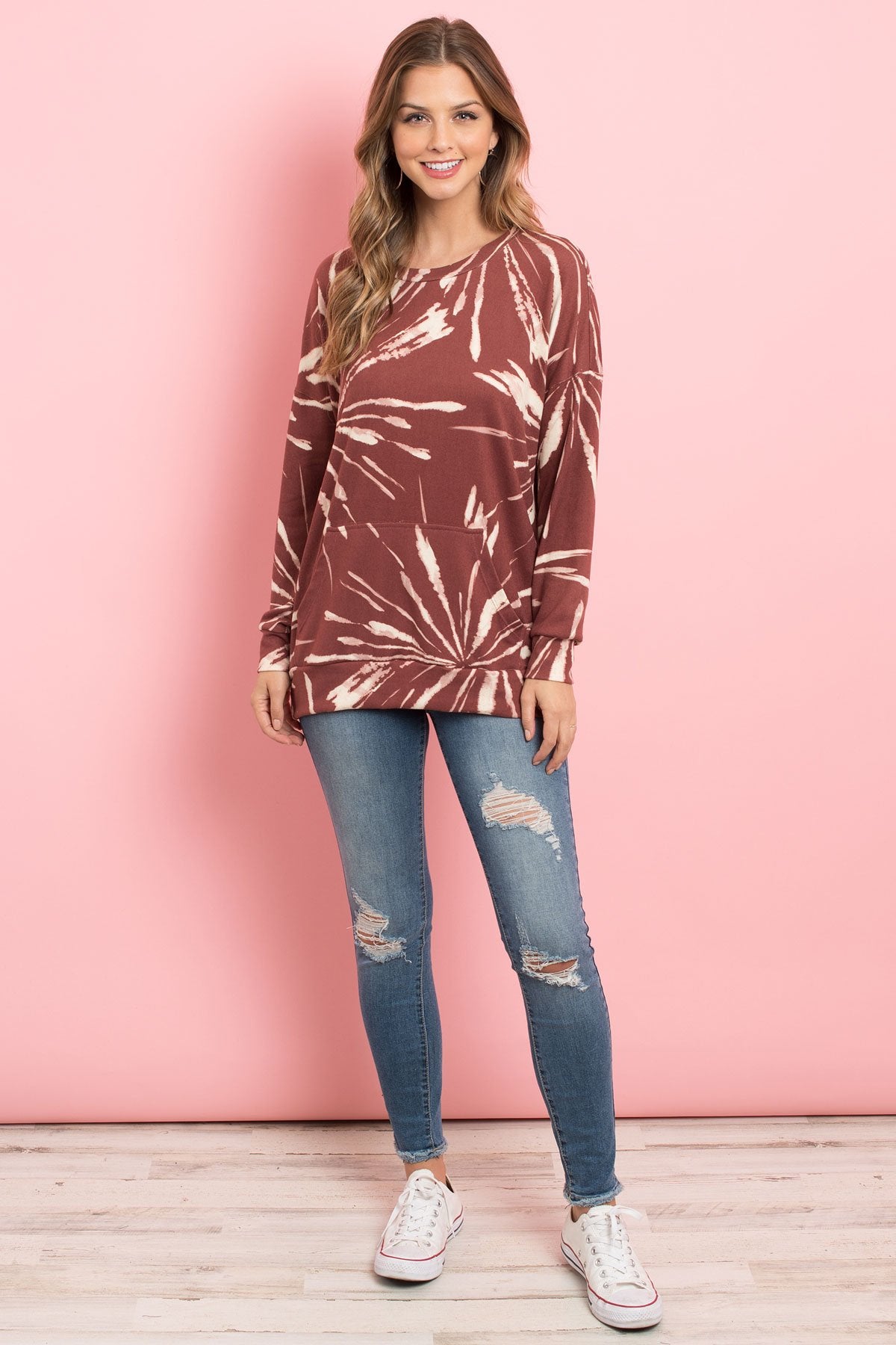 Kangaroo Pocket Tie Dye Long Sleeve Top - 4 COLORS -