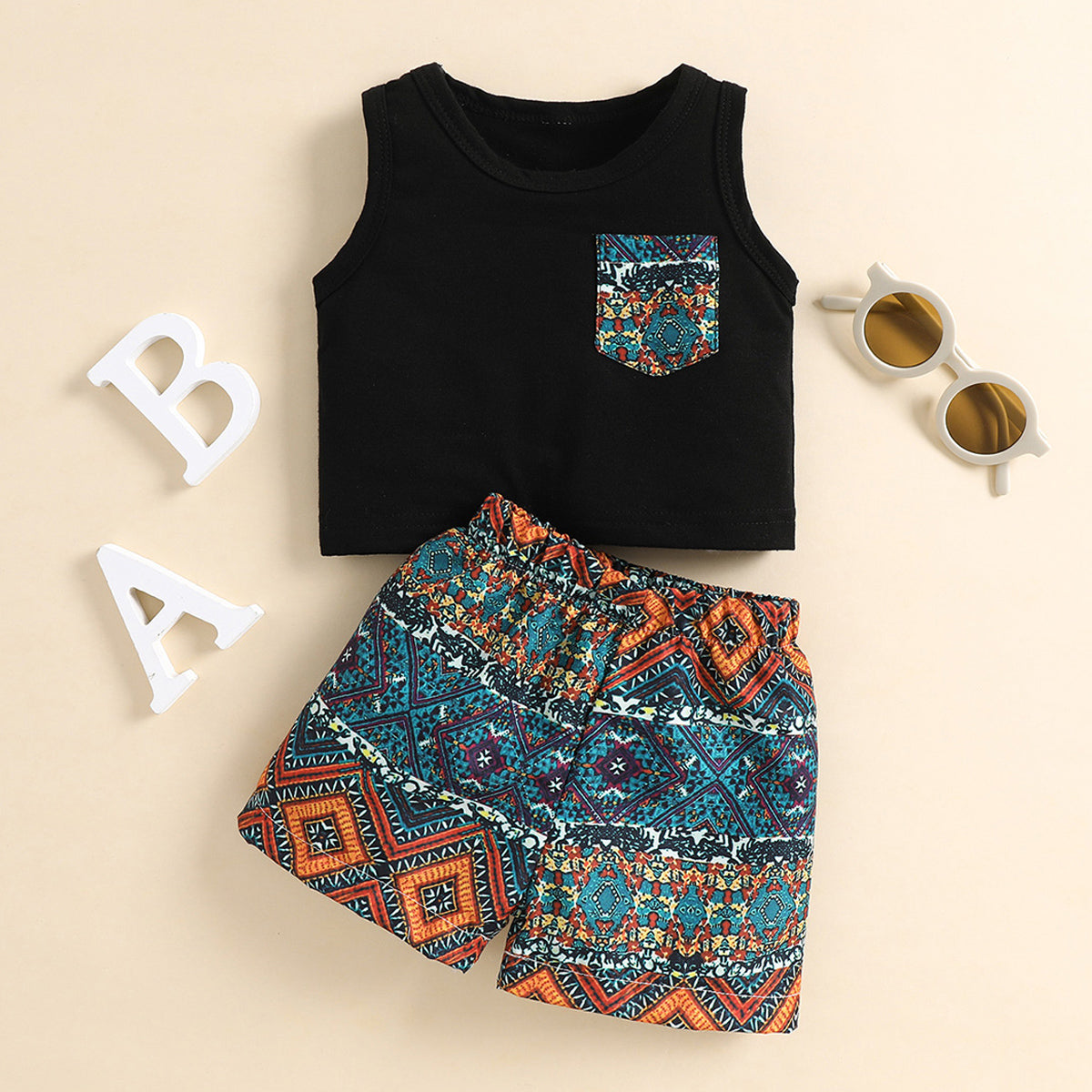 Graphic Tank and Printed Shorts Set - 2 PCS. - T - 2 COLOR COMBOS -