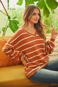 Thumbnail for Riah Fashion - Oversized Puff Sleeved V-Neck Striped Top - 4 COLORS -