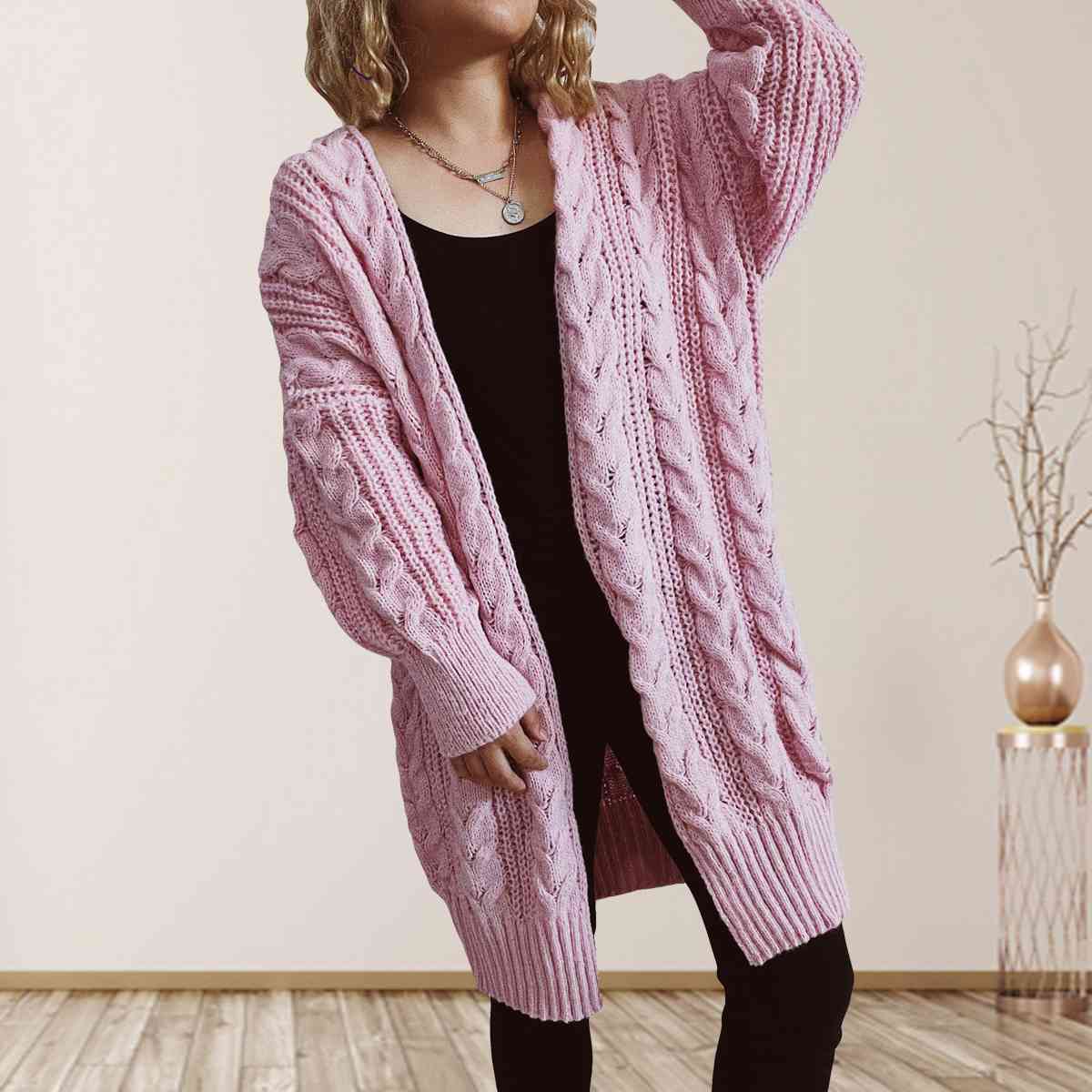 Cable-Knit Open Front Dropped Shoulder Cardigan - T - 6 COLORS -