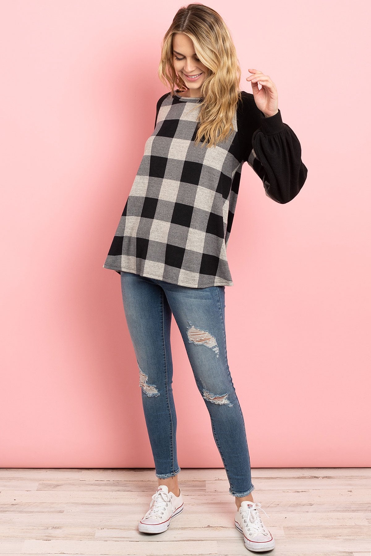 Riah Fashion - Solid Contrast Puff Sleeves Plaid Top - 3 COLORS -