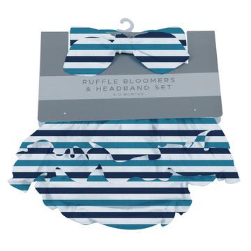 Newcastle - Blue and White Stripe Ruffle Bamboo Bloomer and Headband Set -