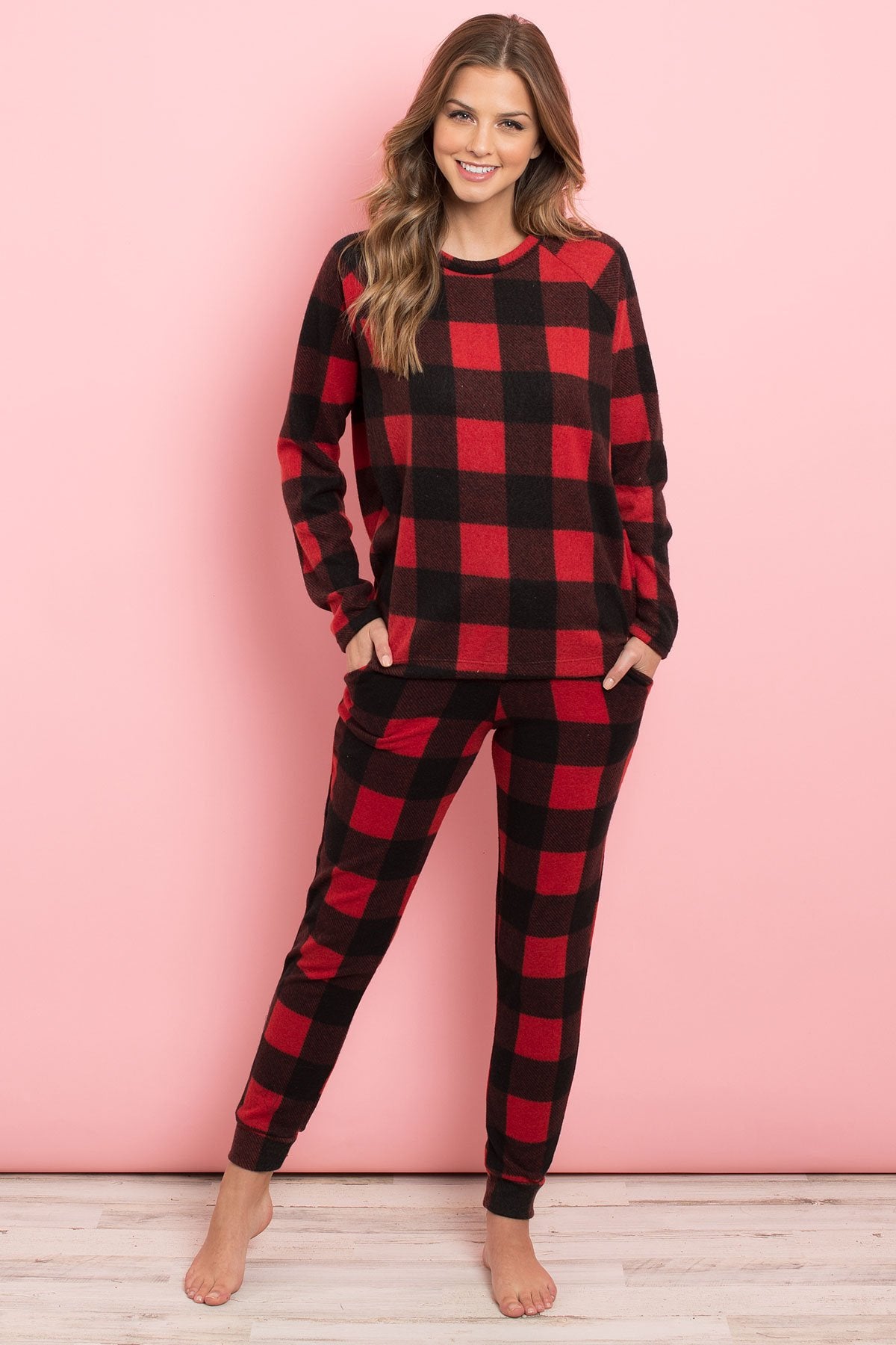 Riah Fashion - Brushed Plaid Top and Joggers Set With Self Tie - 2 PCS - 2 COLORS