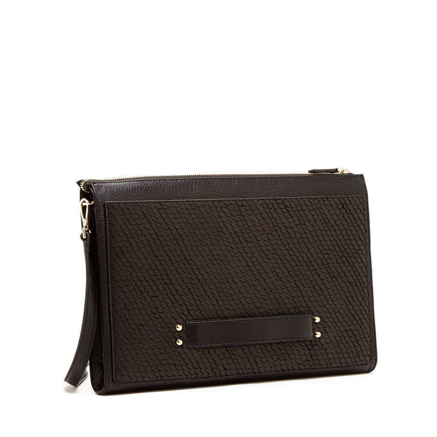 Pearl  Black Leather Crossbody Clutch -