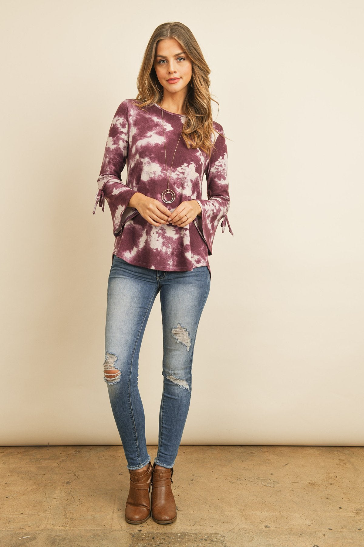 Riah Fashion - Tie Dye Bell Sleeved Ribbon Detail Swing Top - 3 COLORS -