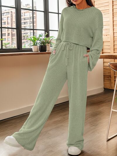 Ribbed Round Neck Top and Drawstring Pants Set - 2 PCS. - T - 7 COLORS -