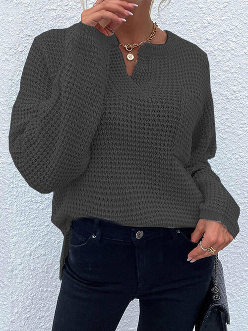 Notched Long Sleeve Sweater - T - 6 COLORS -