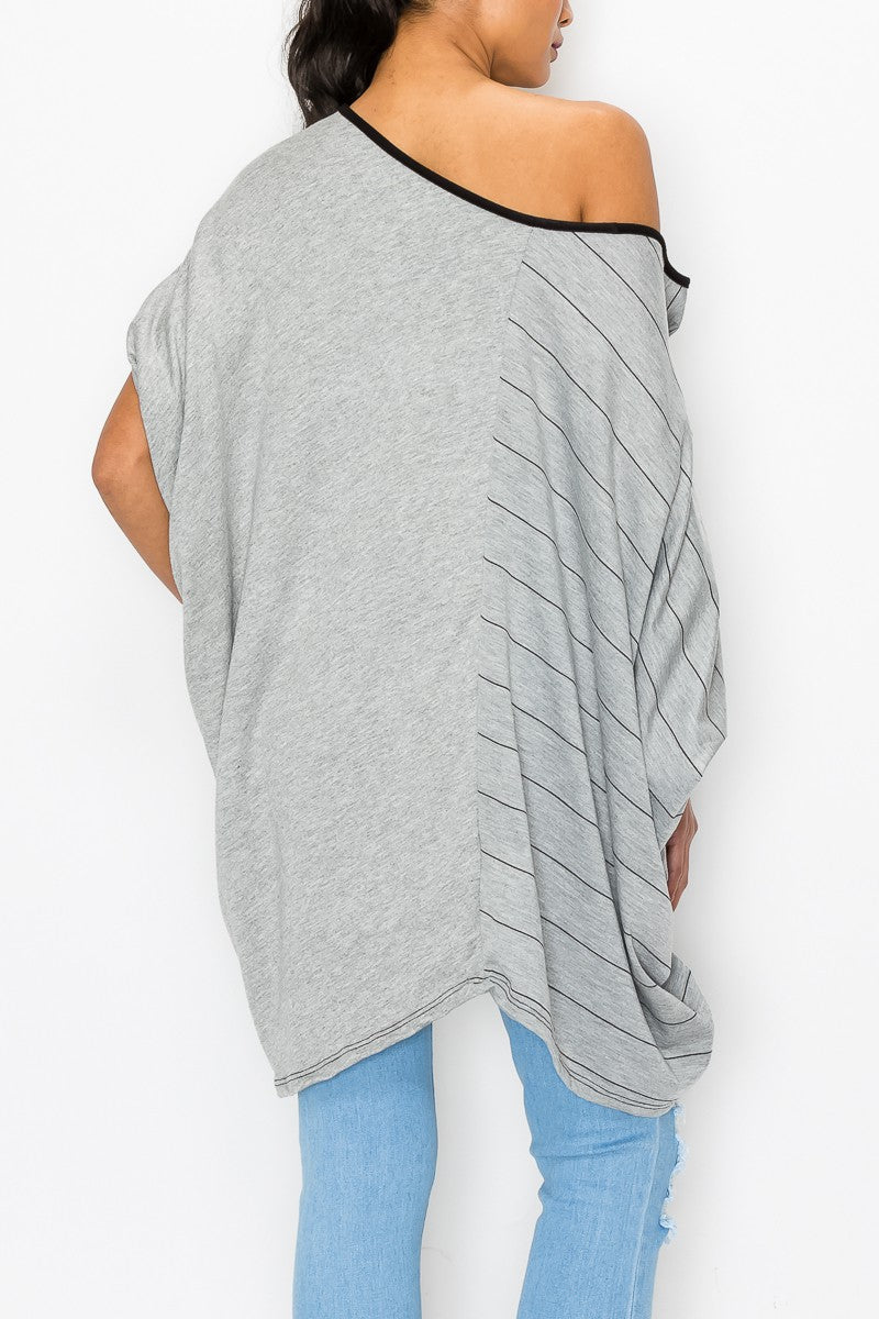 Stylespect - Stripe and Solid Contrast Oversized Top - Grey - 1 COLOR -