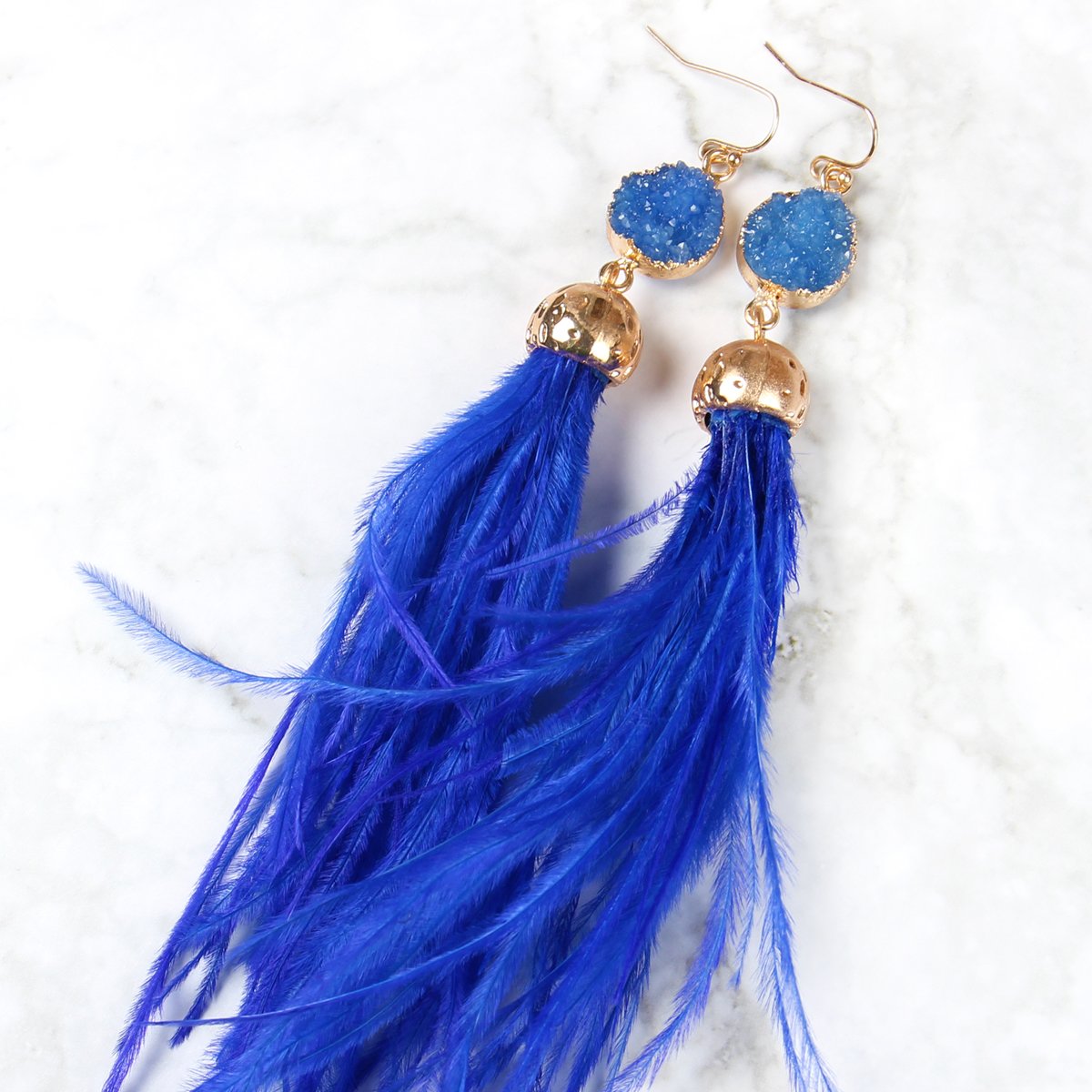 Riah Fashion - Druzy Stone Dangling Feather Earrings - 7 COLORS -