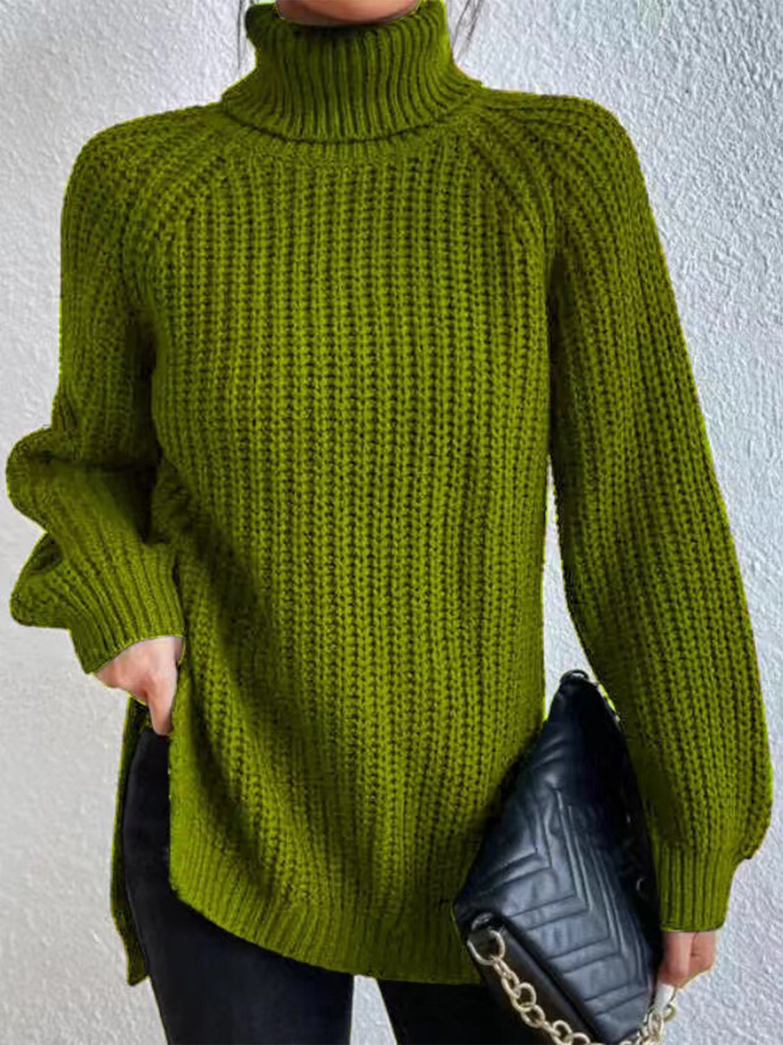 Full Size Turtleneck Rib-Knit Slit Sweater - T - 12 COLORS -