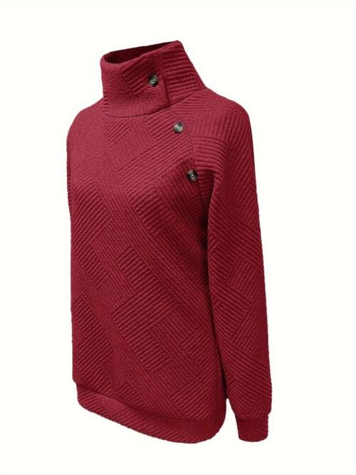 Buttoned Mock Neck Long Sleeve Sweatshirt - T - 3 COLORS -