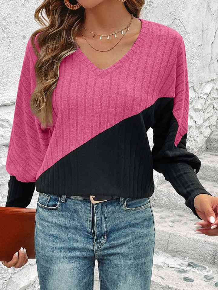 Contrast Buttoned V-Neck Blouse - T - 4 COLORS -