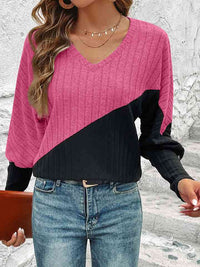 Thumbnail for Contrast Buttoned V-Neck Blouse - T - 4 COLORS -