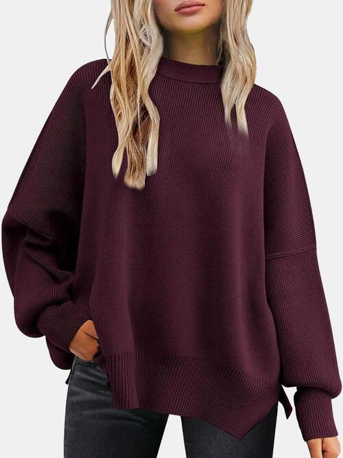 Round Neck Drop Shoulder Slit Sweater - T - 13 COLORS/STRIPES -