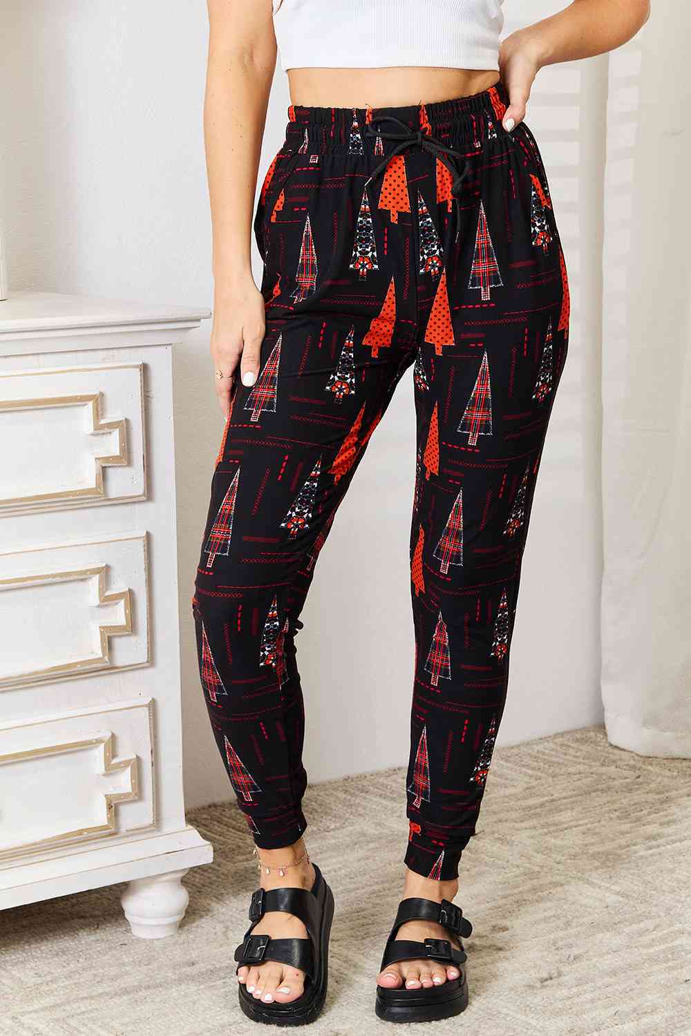 Leggings - Full Size Holiday Tree Print Joggers - SIZES S THRU 3XL - T - 1 COLOR -