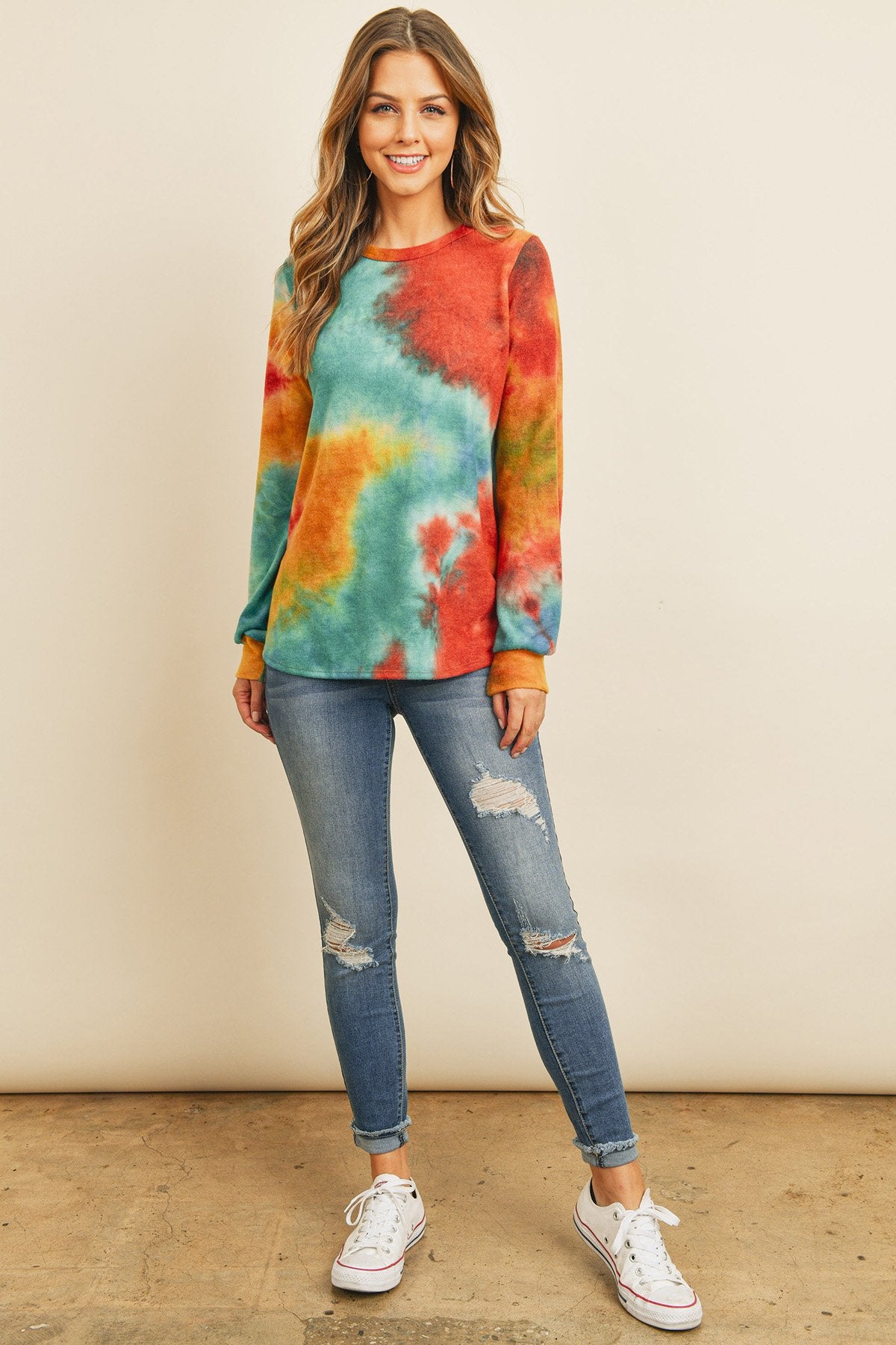 Riah Fashion - Long Sleeve Boat Neck Tie Dye Round Hem Top - 3 COLORS -