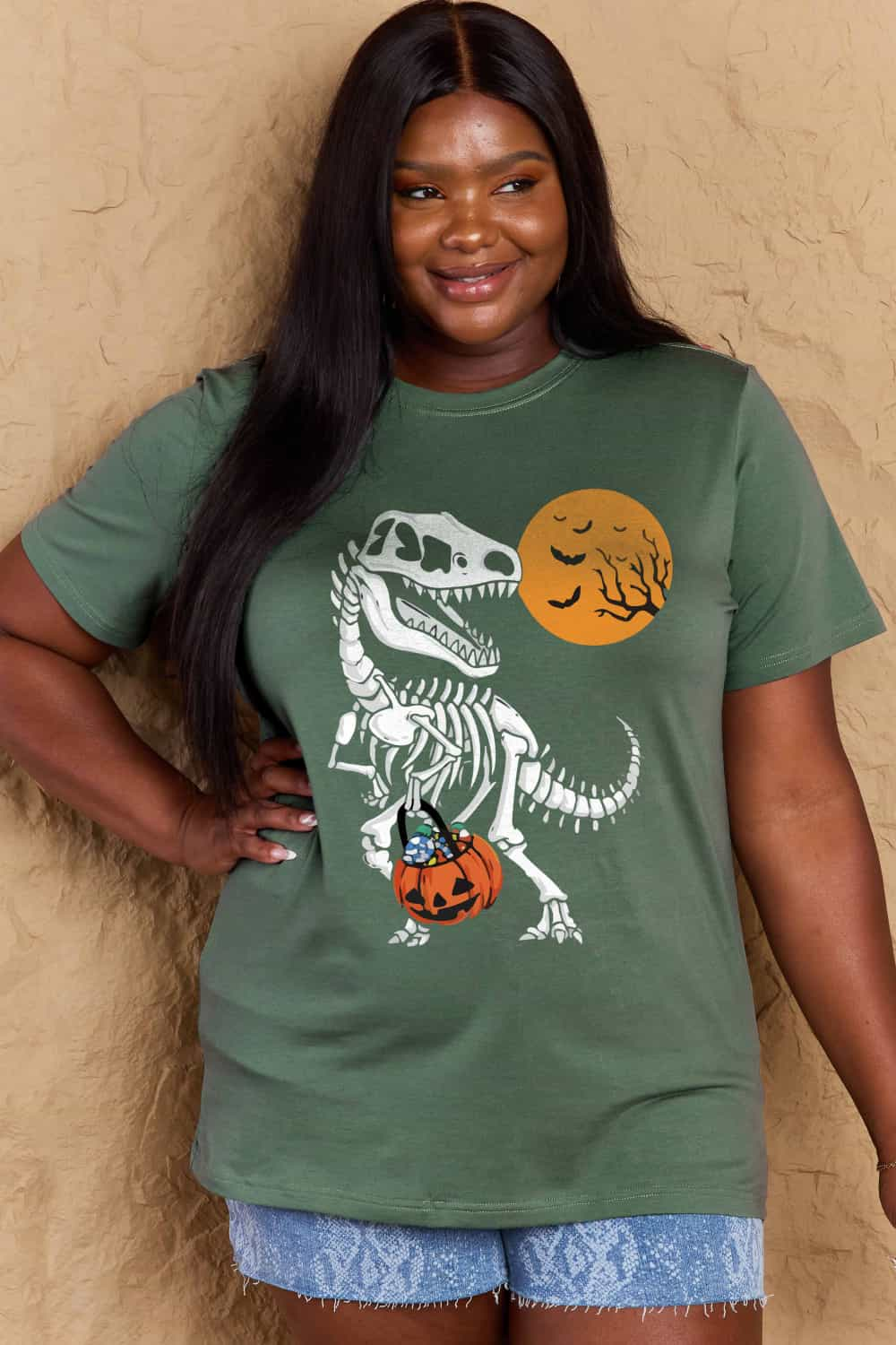 Simply Love Full Size Dinosaur Skeleton Graphic Cotton T-Shirt - T - 3 COLORS -