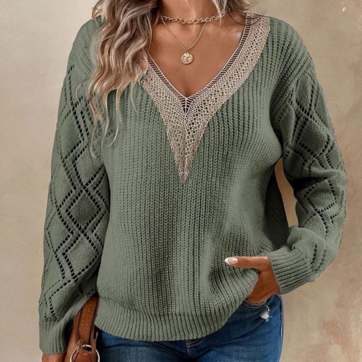 Contrast V-Neck Sweater - T - 2 COLORS -