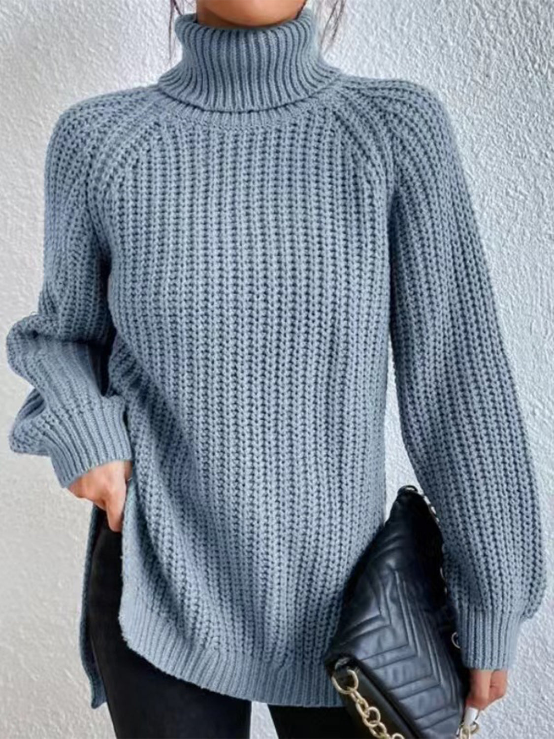 Full Size Turtleneck Rib-Knit Slit Sweater - T - 12 COLORS -