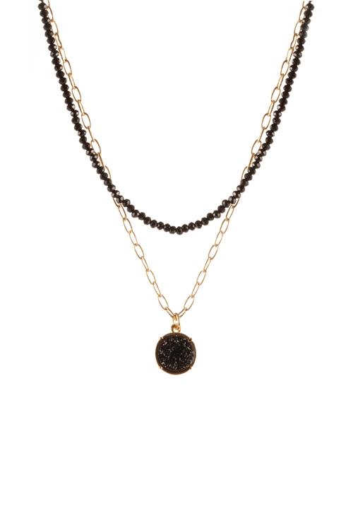 Druzy Glass Bead Link Pendant Round Necklace - 4 COLOR FINISHES -