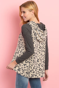 Thumbnail for Riah Fashion - Waffle Sleeve Leopard Drawstring Hoodie - 3 COLORS -