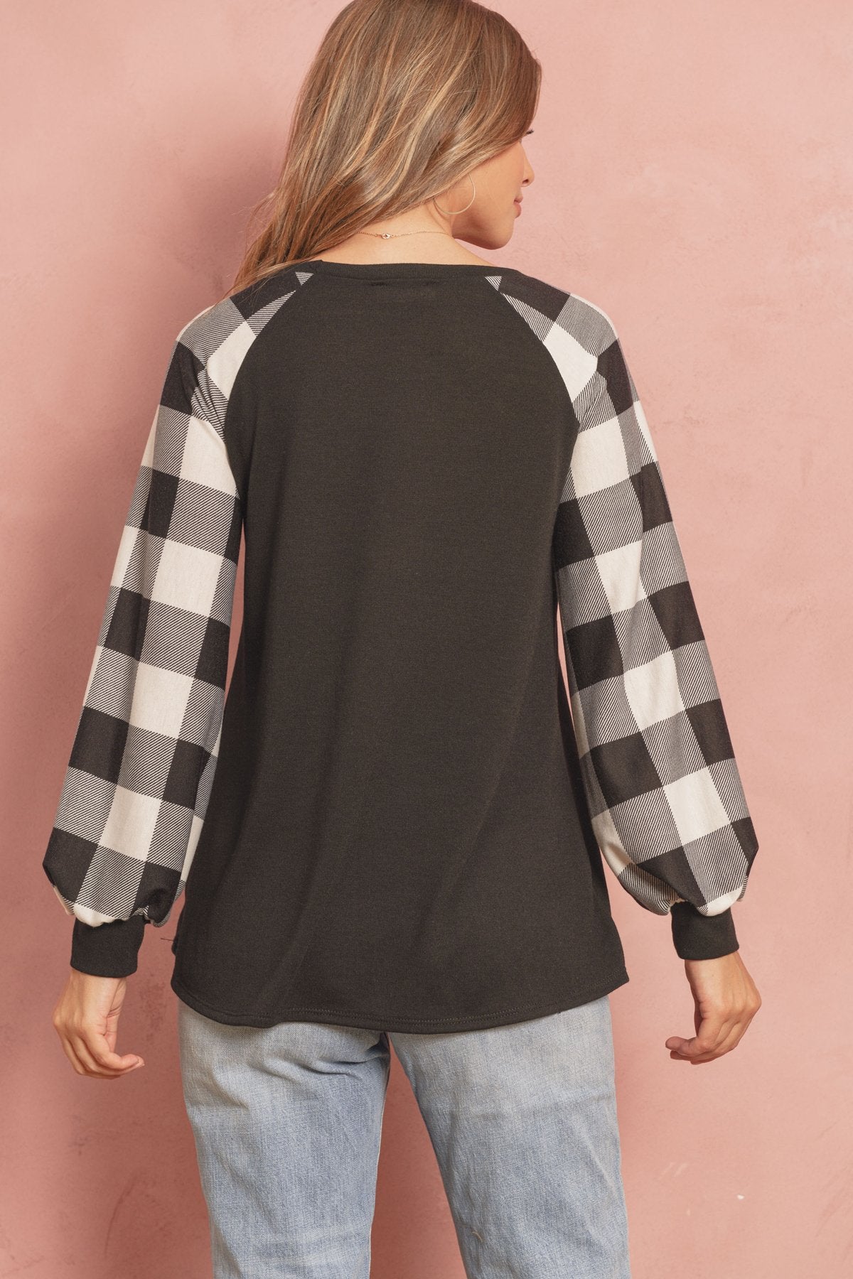 Riah Fashion - Plaid Puff Sleeved Round Neck Top - 3 COLORS -