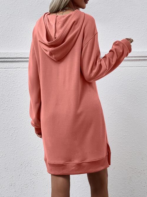 Slit Long Sleeve Hooded Dress with Pocket - T - 9 COLORS -