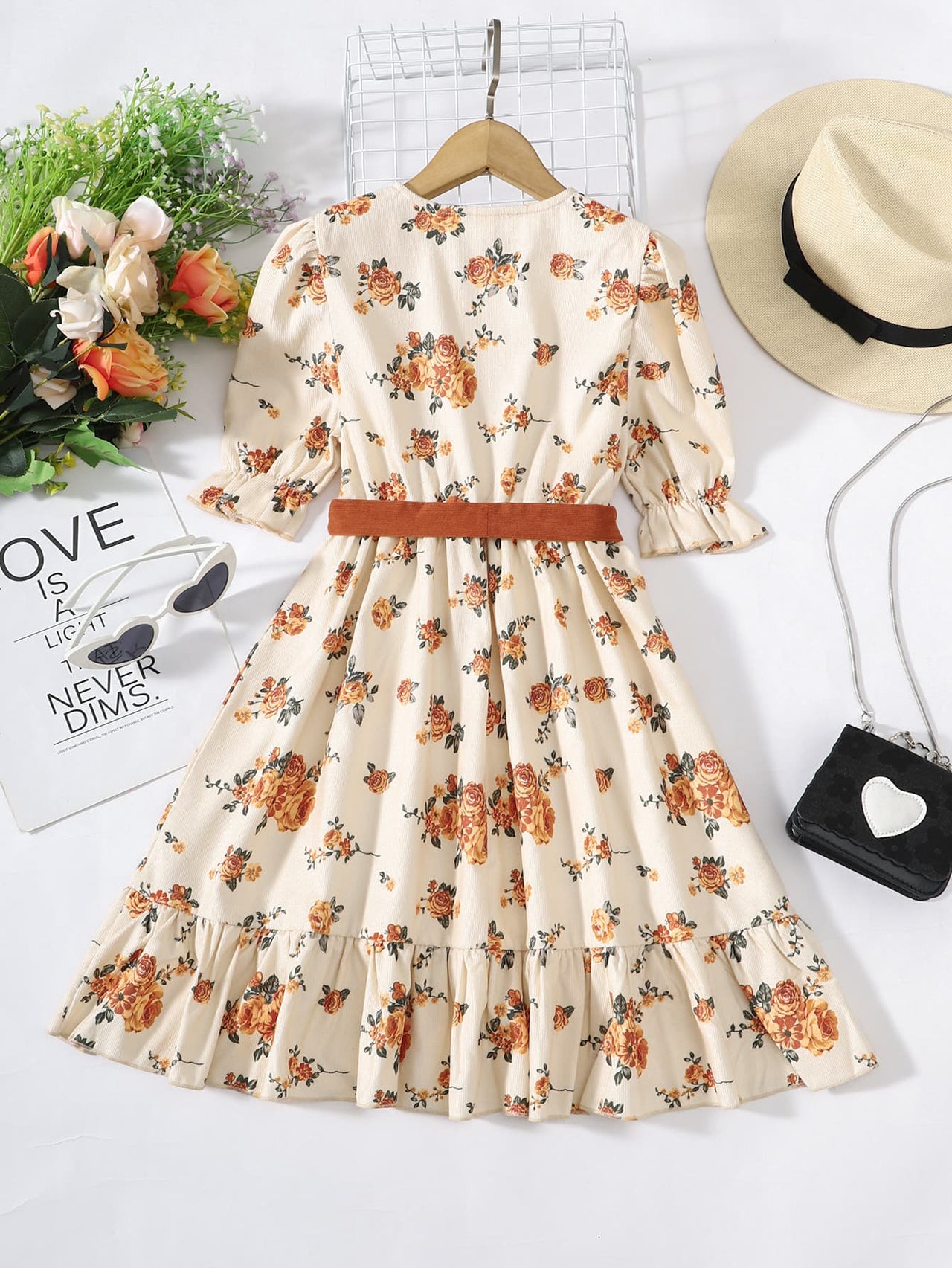 Girls Floral Tied Puff Sleeve Dress - T - 3 SIZES - 1 COLOR -