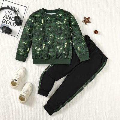 Letter Print Round Neck Top and Pants Set - 2 PCS. - T - 1 COLOR -