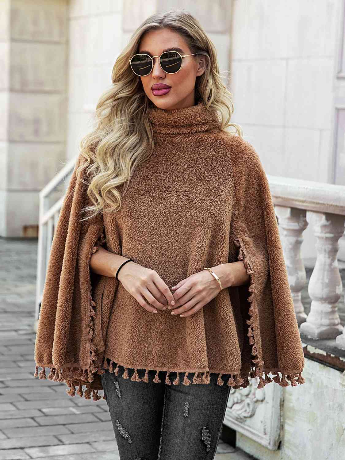 Full Size Turtleneck Tassel Hem Poncho - T - 1 COLOR -