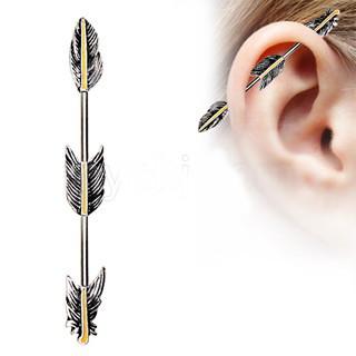 316L Stainless Steel Industrial Barbell With Golden Triple Tier Feathers -