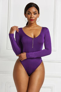 Thumbnail for Half Zip Scoop Neck Long Sleeve Bodysuit - T - 10 COLORS -