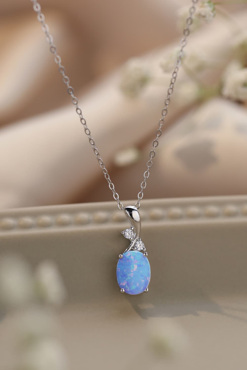 Opal Oval Pendant Chain Necklace - T - 2 COLORS -