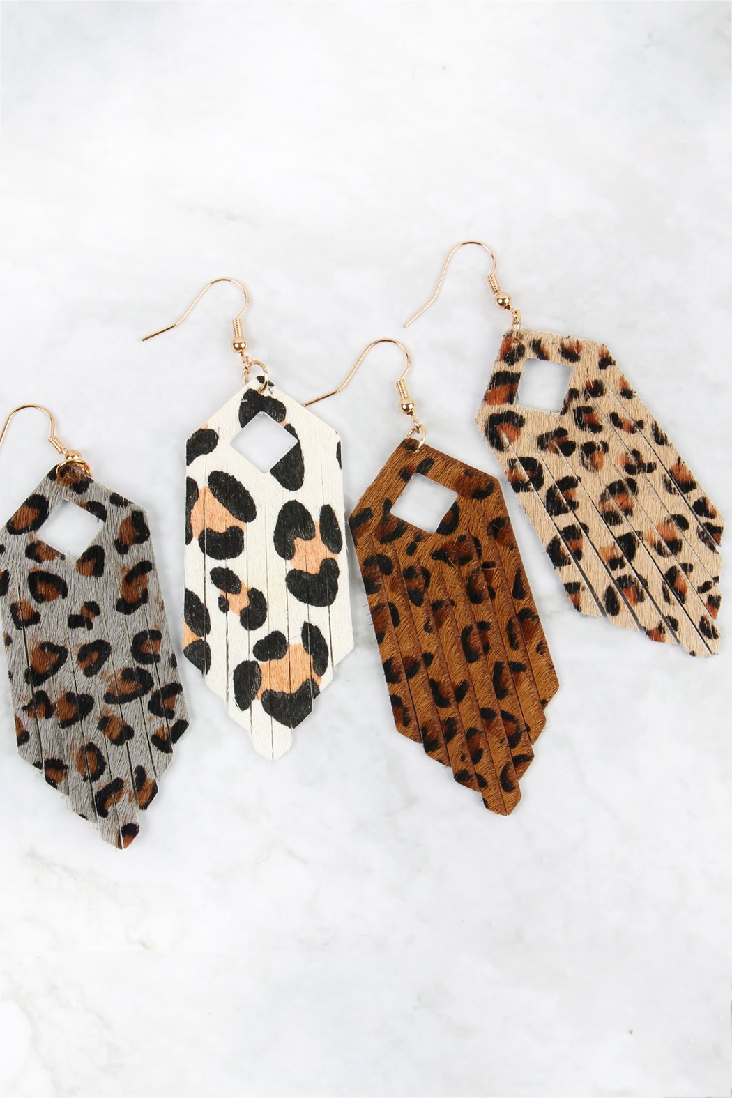 Riah Fashion - Fringe Hexagon Leopard Leather Hook Earrings - 4 COLORS -