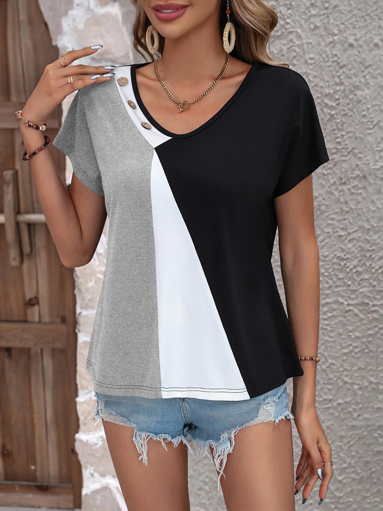 Color Block Decorative Button V-Neck Tee - T - 3 COLORS -