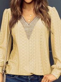 Thumbnail for Eyelet V-Neck Long Sleeve Blouse - T - 7 COLORS -