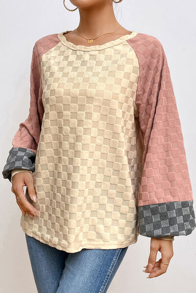 Checkered Contrast Round Neck Long Sleeve T-Shirt - T - 1 COLOR -