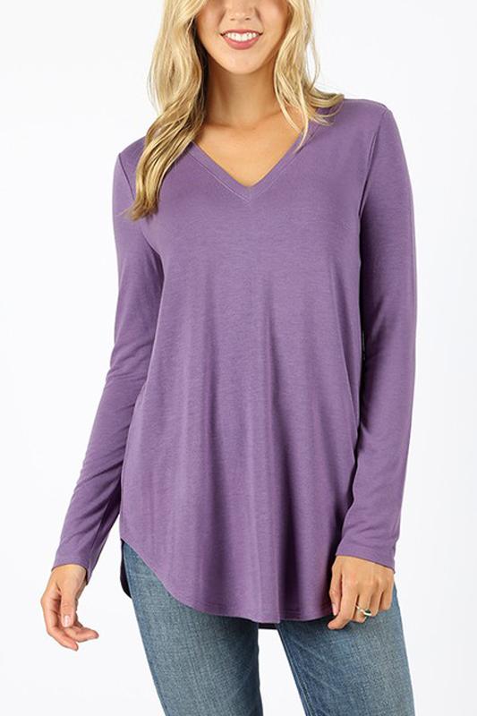 Riah Fashion - Premium Long Sleeve V-Neck Round Hem Top - 11 COLORS -