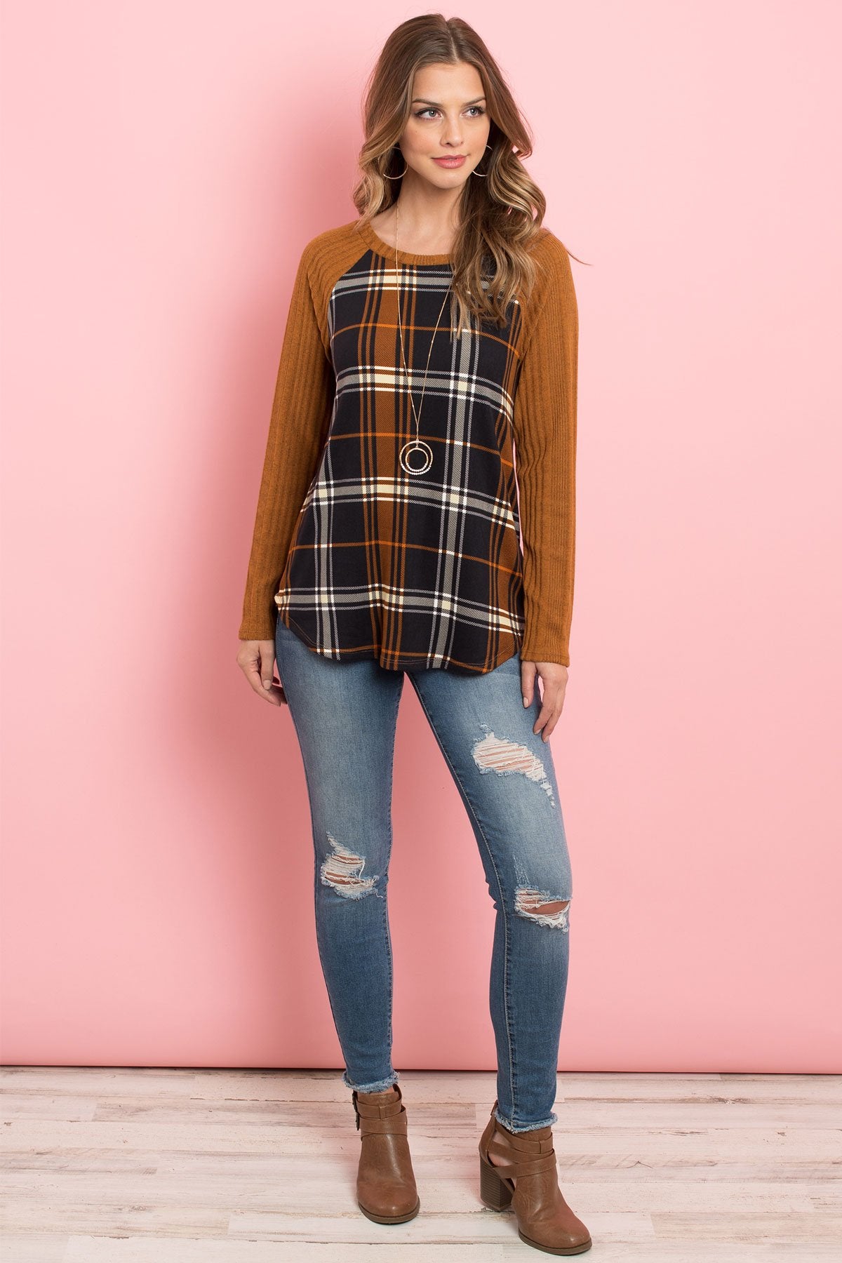 Riah Fashion - Long Sleeve Knit Detail Contrast Plaid Top - 1 COLOR -