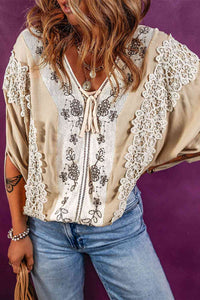 Thumbnail for V-Neck Lace Detail Slit Blouse - T - 1 COLOR -