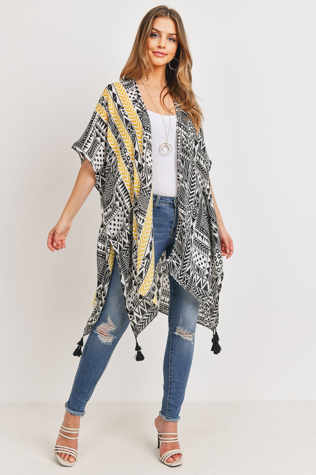 Riah Fashion - Tribal Pattern Print Tasseled Open Front Kimono - 1 COLOR