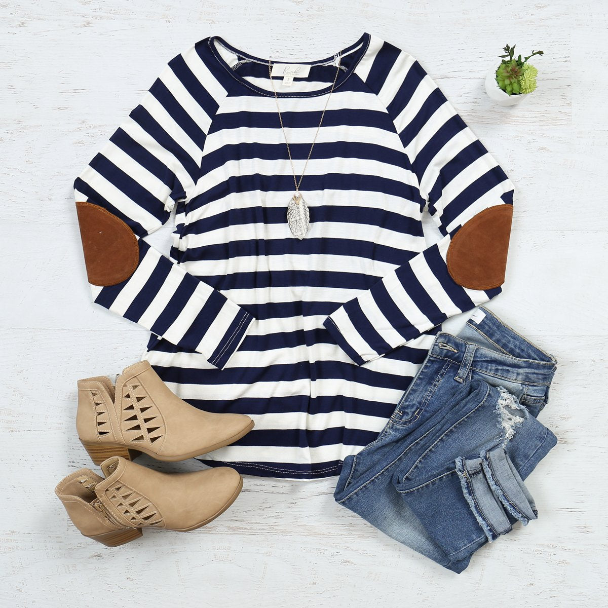 Riah Fashion - Elbow Suede Patch Striped Tunic - 6 COLORS -