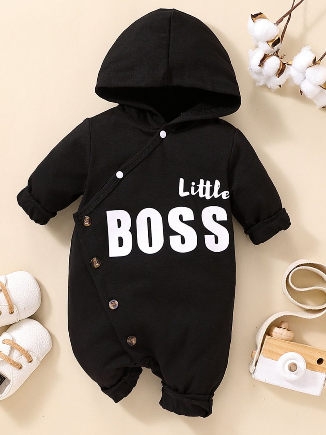 Baby LITTLE BOSS Graphic Hooded Jumpsuit - T - 6 SIZES - 2 COLORS -