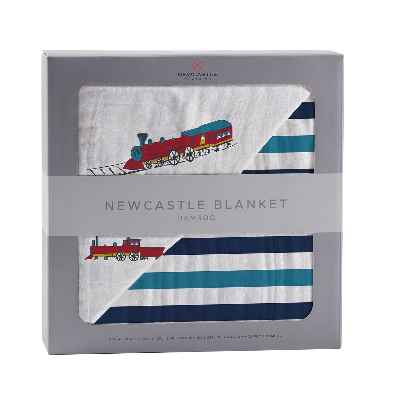 Vintage Steam Trains and Blue Stripe Bamboo Muslin Newcastle Blanket -