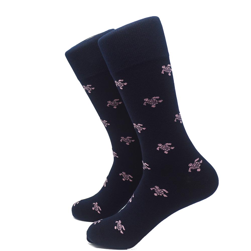 Summer Ties - Turtle Socks - Men's Mid Calf - Pink on Navy - 1 COLOR -