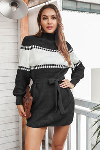 Thumbnail for Contrast Tie Front Long Sleeve Sweater Dress - T - 3 COLORS -