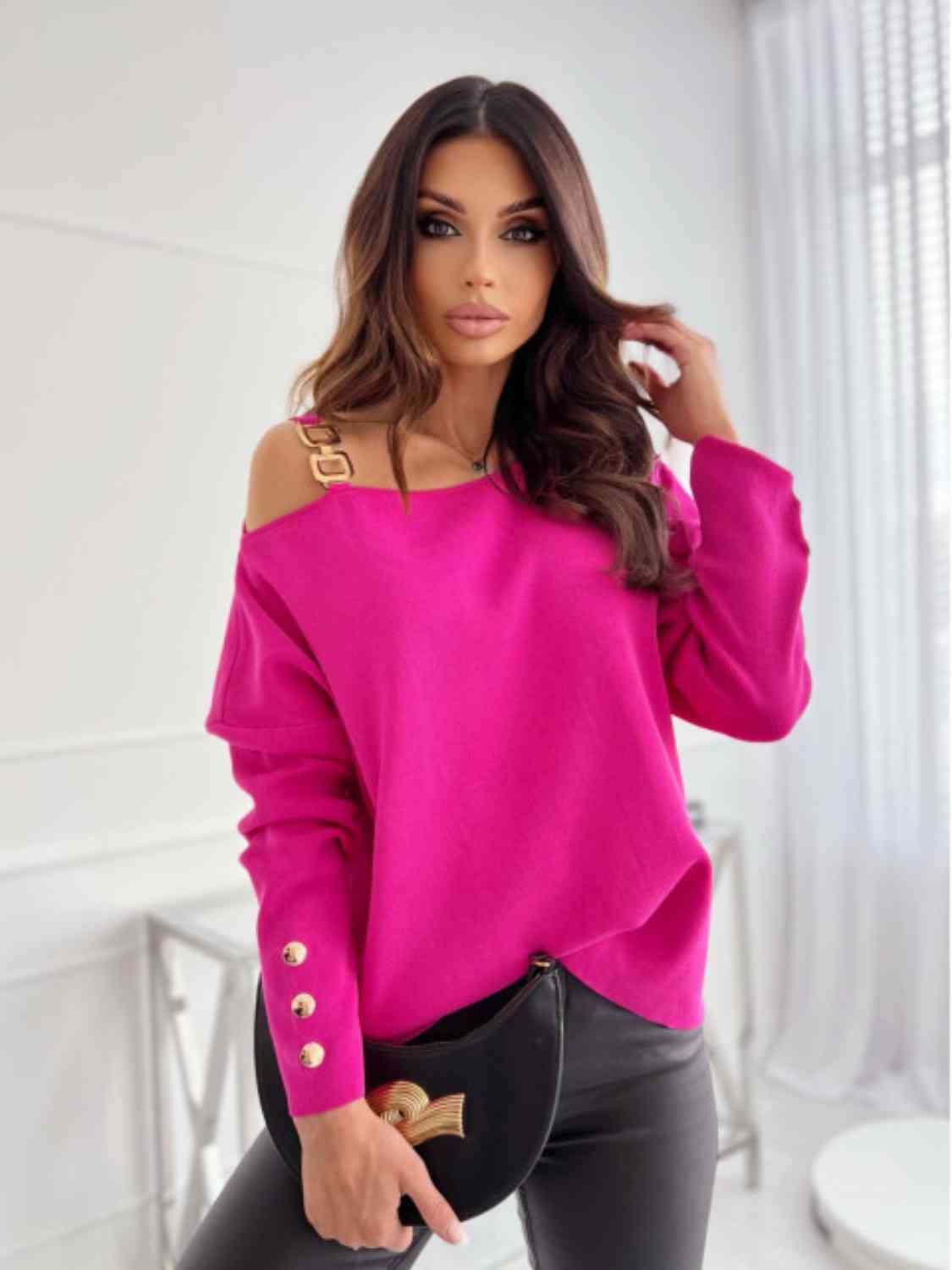 Asymmetrical Neck Buttoned Top - T - 3 COLORS -